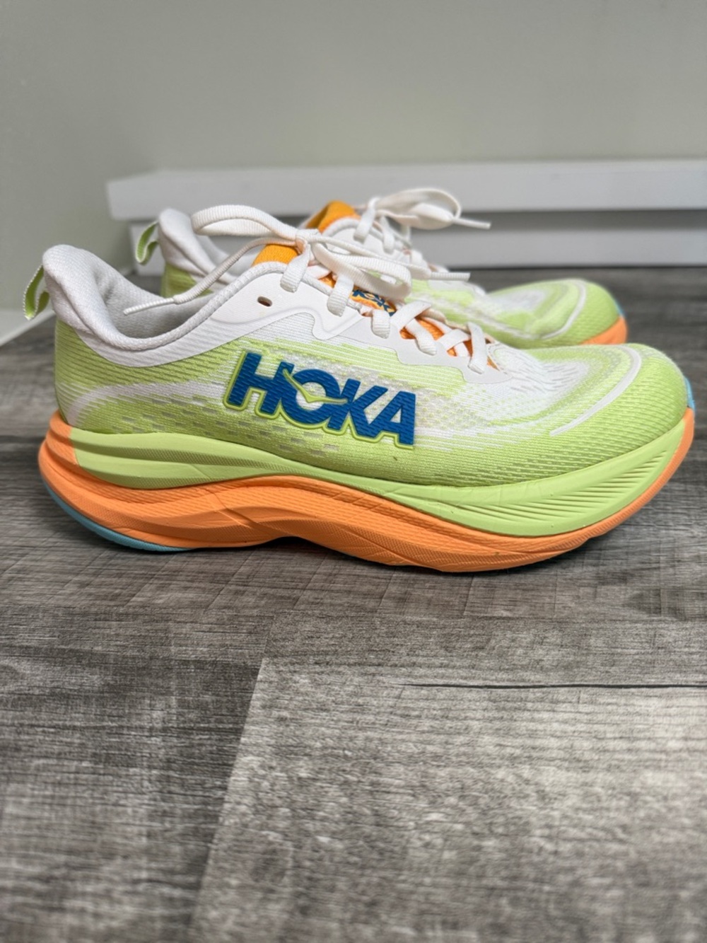 Hoka Skyflow Lime Green and Orange Athletic Sneakers